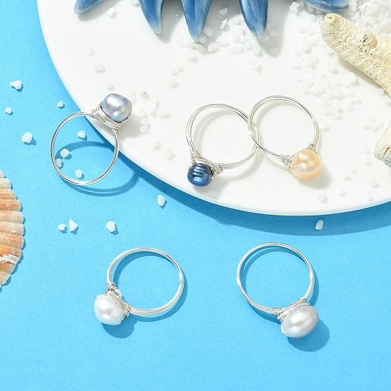 Кольца на палец из натурального жемчуга с медной проволокой, круглые, серебряные