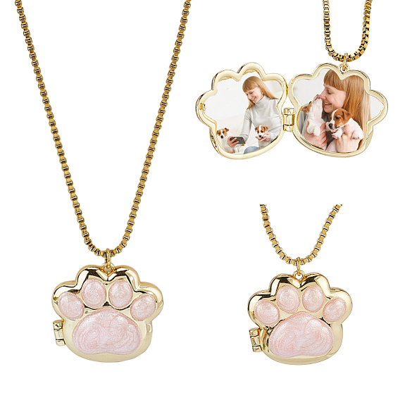 Латунный эмалированный розовый кулон-медальон с отпечатком лапы для женщин, цепочка-коробочка.