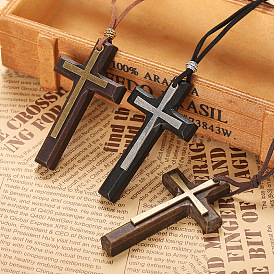 Retro handmade double-layer alloy wood cross for men and women, long pendant sweater chain cross car hanging