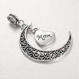 Thème de la fête des mères, charmes européens à grand trou en alliage de style tibétain, lune et coeur pendentifs, avec le mot maman, 52mm, Trou: 5mm