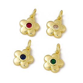 Rack Plating Brass Cubic Zirconia Charms, with Jump Ring, Real 18K Gold Plated, Long-Lasting Plated, Cadmium Free & Nickel Free & Lead Free, 5-Petal Flower Charm