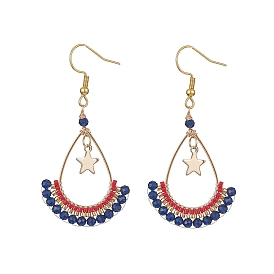 Dyed Natural & Synthetic Mixed Stone Beaded Teardrop with Star Dangle Earrings, 304 Stainless Steel Wire Wrap Jewelry