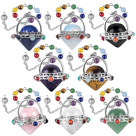 Alien Spaceship Shape Gemstone Pointed Dowsing Pendulums, with 7 Chakra Stone Beads, For Dowsing and Divination