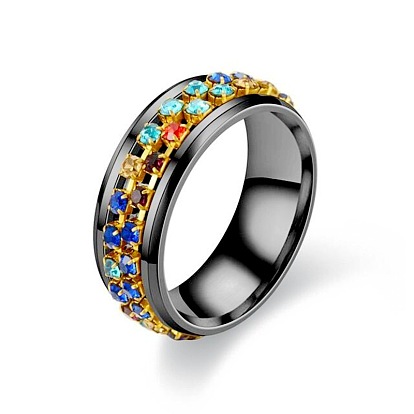 Colorful Rinestone Rotating Finger Ring, Titanium Steel Fidget Spinner Ring for Calming Worry Meditation