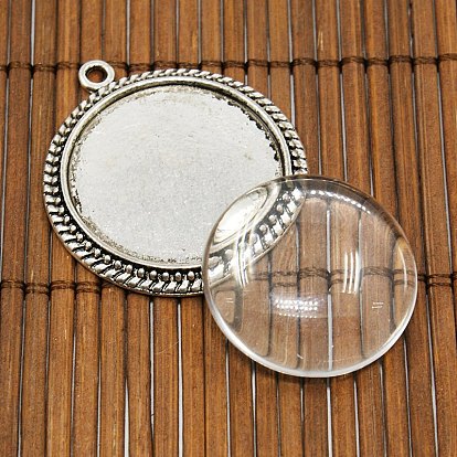25mm Transparent Clear Domed Glass Cabochon Cover for Photo Pendant Making, with Alloy Settings, Pendant: 31x3mm, Hole: 2mm, Glass: 25x7.4mm