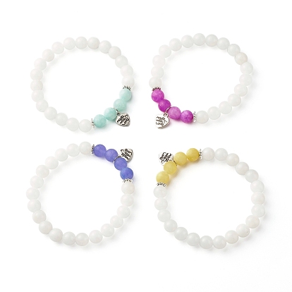 Dyed Natural White Jade(Dyed) Beads Bracelets for Women Gift, Made with Love Heart Charm Stretch Bracelets