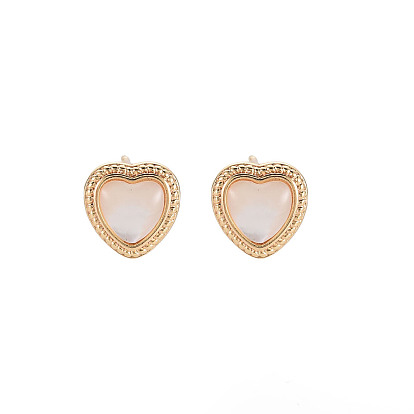 Natural Freshwater Shell Stud Earring Findings, with Brass Findings, with Loop, Nickel Free, Heart