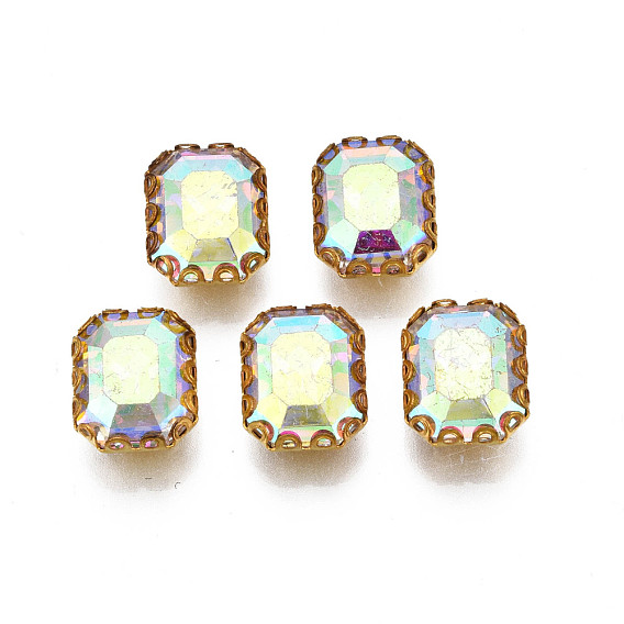 Sew on Rhinestone, Opaque Glass Rhinestones, with Iron Prong Settings, AB Color Plated, Faceted, Rectangle