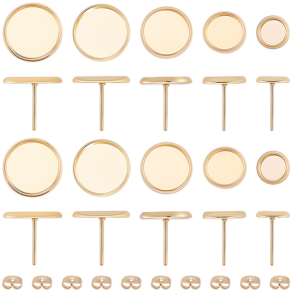 50Pcs 5 Styles 304 Stainless Steel Stud Earring Findings, Cabochon Settings, with 50Pcs Ear Nuts, Flat Round