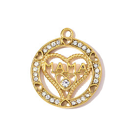 День матери 304 Подвески из нержавеющей стали со стразами, сердце со словами мама прелести, ионное покрытие (ip), зеркальная полировка, реальный 18 k позолоченный