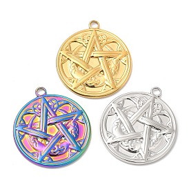 304 Stainless Steel Pendants, Flat Round with Moon & Star Charm