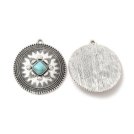 Retro Alloy Pendants, with Synthetic Turquoise, Flat Round Charms