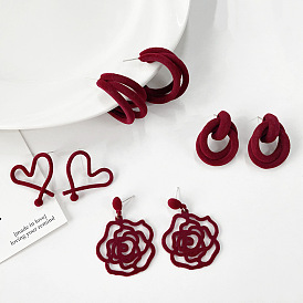 Retro red velvet silver needle earrings elegant temperament hollow rose earrings simple lines fashion earrings for women