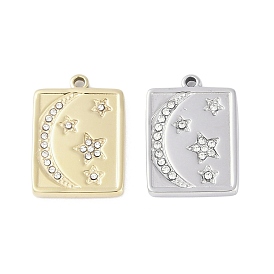 304 Stainless Steel Pendants, with Rhinestone, Rectangle with Moon & Star Charm