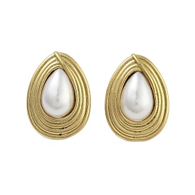 Ion Plating(IP) 304 Stainless Steel & ABS Imitation Pearl Stud Earrings for Women, Teardrop