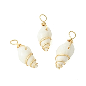 Natural Spiral Shell Pendants, Shell Shaped Charms with Copper Wire Wrapped