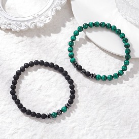 2 Браслеты из натуральных окрашенных и подвергнутых термической обработке бусин черного агата, малахита и синтетического гематита, эластичные, для женщин и мужчин., круглые