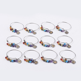 Chakra Jewelry, 304 Stainless Steel Bangle Sets, with 316 Surgical Stainless Steel Twelve Constellation Pendants and Gemstone Beads