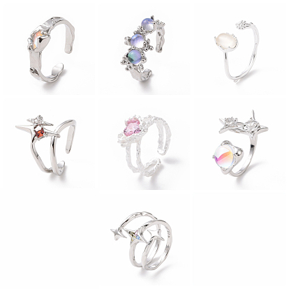 Cubic Zirconia Open Cuff Rings, Brass Jewelry for Women, Platinum