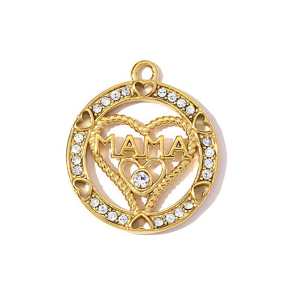 День матери 304 Подвески из нержавеющей стали со стразами, сердце со словами мама прелести, ионное покрытие (ip), зеркальная полировка, реальный 18 k позолоченный