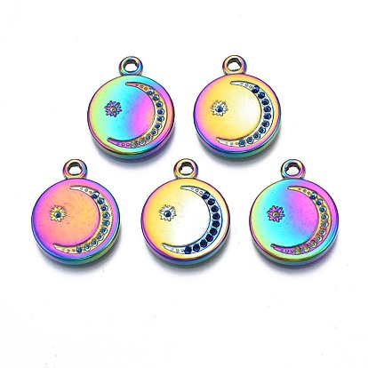 Rack Plating Rainbow Color 304 Stainless Steel Pendant Rhinestone Settings, Flat Round with Moon & Star