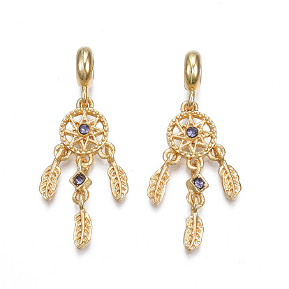 Rack Plating Alloy European Dangle Charms, with Tanzanite Rhinestone, Large Hole Beads, Cadmium Free & Lead Free, Woven Net/Web with Feather