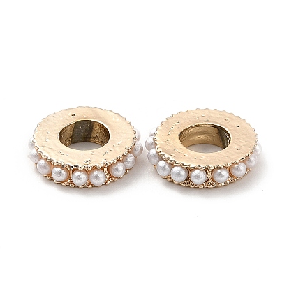 Rack Plating Alloy European Beads, with ABS Imitation Pearls, Large Hole Beads, Flat Round/Disc