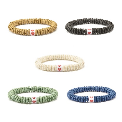 Natural Lava Rock Disc Beads Stretch Bracelet, Oil Diffuser Stone Bracelet for Women, Heart Pattern Acrylic Beads Bracelet