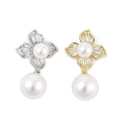 Латунные микро проложить кубического циркония подвески, цветок, с abs имитационными жемчужными бусинами , стойки покрытие, долговечный, без кадмия и без свинца