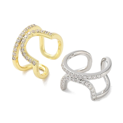Rack Plating Brass Micro Pave Cubic Zirconia Cuff Rings, Long-Lasting Plated for Women, Lead Free & Cadmium Free