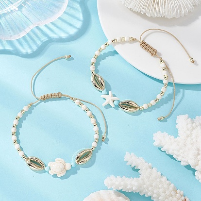 2шт. 2 стили: сплав, натуральный говлит, синтетическая бирюза и немагнитный гематит, плетеные бусины, браслеты, регулируемые браслеты из нейлоновой нити для женщин, форма раковины, черепаха и морская звезда