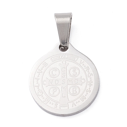 Trendy Necklace Findings Flat Round with San Benito 304 Stainless Steel Charms Pendants, 17x15x1.5mm, Hole: 6x4mm