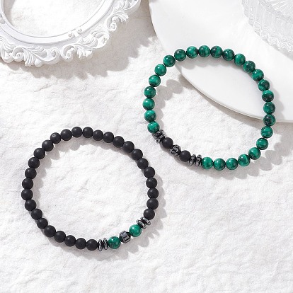 2 Браслеты из натуральных окрашенных и подвергнутых термической обработке бусин черного агата, малахита и синтетического гематита, эластичные, для женщин и мужчин., круглые