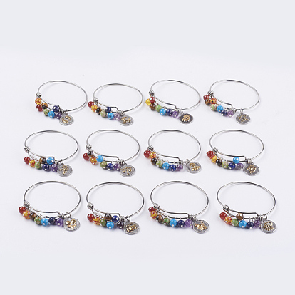 Chakra Jewelry, 304 Stainless Steel Bangle Sets, with 316 Surgical Stainless Steel Twelve Constellation Pendants and Gemstone Beads
