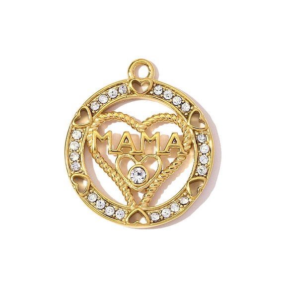 День матери 304 Подвески из нержавеющей стали со стразами, сердце со словами мама прелести, ионное покрытие (ip), зеркальная полировка, реальный 18 k позолоченный