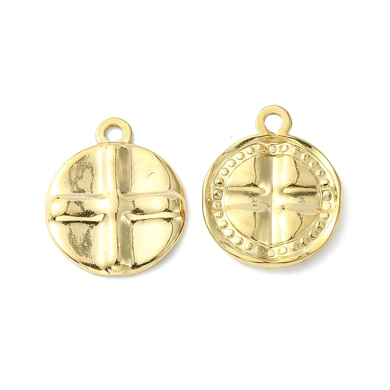 304 Stainless Steel Pendants, Flat Round with Cross Charms