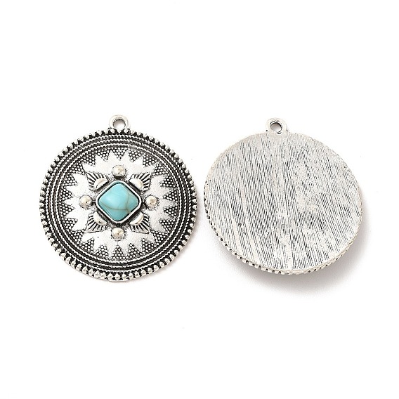 Retro Alloy Pendants, with Synthetic Turquoise, Flat Round Charms