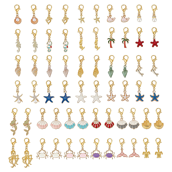 64pcs 32 décorations de pendentif en alliage de style, avec des fermoirs en imitation perle en plastique ABS et en alliage à griffes de homard, formes mixtes