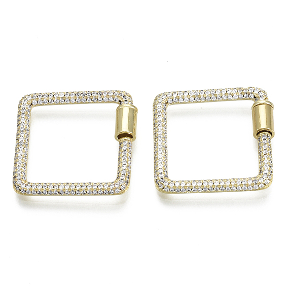 Brass Micro Pave Cubic Zirconia Screw Carabiner Lock Charms, for Necklaces Making, Square, Nickel Free, Real 16K Gold Plated