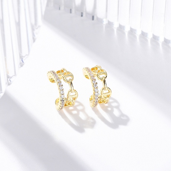 Серьги-манжеты из латуни с микропаве из прозрачного кубического циркония, без свинца и без кадмия, цепочка-оберег