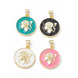 Rack Plating Brass Enamel Pendants, with Glitter Powder, Long-Lasting Plated, Real 18K Gold Plated, Flat Round with Human Charm