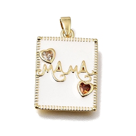Mother's Day Brass Micro Pave Orange Red Cubic Zirconia Pendants, with White Enamel, Rectangle with Word MAMA Charms, Rack Plating, Long-Lasting Plated, Cadmium Free & Lead Free