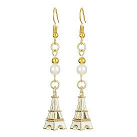 Alloy Enamel Eiffel Tower Dangle Earrings with Imitation Pearl Beaded, Golden Long Drop Earrings with Iron Earring Pins
