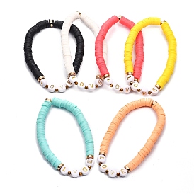 Handmade Polymer Clay Heishi Beads Stretch Bracelets, for Valentine's Day, with Brass Spacer Beads, Glass Beads and Plating Acrylic Beads, Word Love