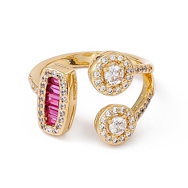 Cerise Cubic Zircon Flat Round & Rectangle Open Cuff Ring, Rack Plating Brass Jewelry for Women, Cadmium Free & Nickel Free & Lead Free