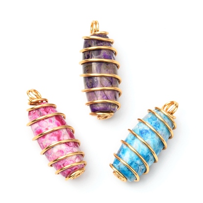 Pendentifs en agate craquelée de feu naturelle, avec du vrai fil de cuivre écologique plaqué or 18k, facette, riz