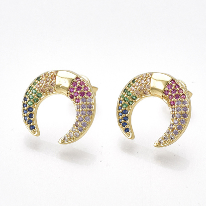 Brass Cubic Zirconia Stud Earrings, with Ear Nuts, Double Horn/Crescent Moon