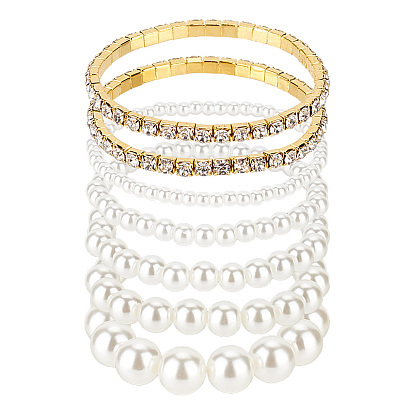 7шт 7 стили пластиковые имитация жемчуга круглые бусины эластичные браслеты набор, теннисные браслеты со стразами для женщин