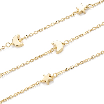 Handmade Brass Beaded Chain, with Moon & Star Beads, Long-Lasting Plated, Unwelded, with Spool