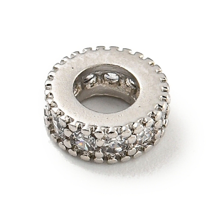 Brass Cubic Zirconia Spacer Beads, Long-Lasting Plated, Lead Free & Cadmium Free, Flat Round